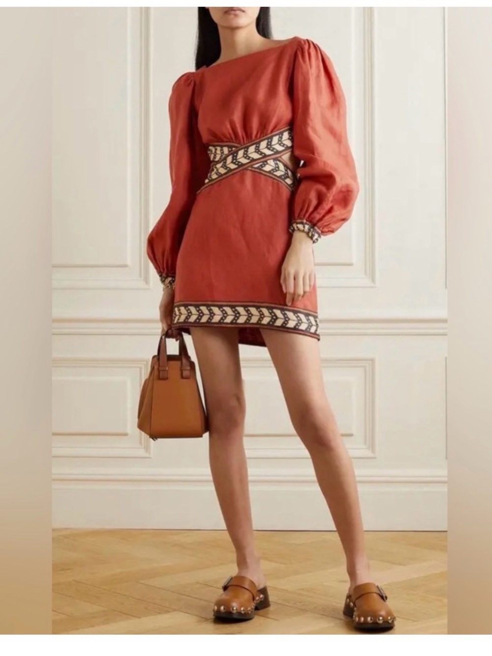 Johana Ortiz linen mini dress - Rust Embroidered Waist Mini Dress- size 8